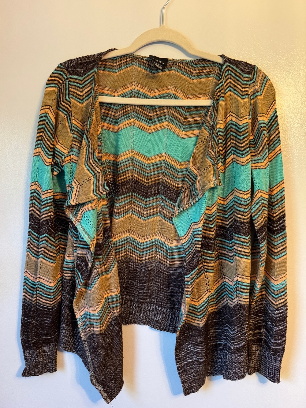 Rue 21- Open-Front Chevron Knit Cardigan in Teal and Brown